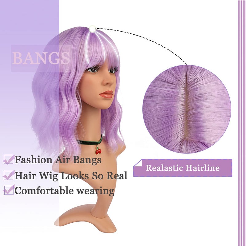 eNilecor Lavender Purple Wig Short Colorful colored Curly Wavy Synthetic Bob Wigs with Air Bangs 14" Natural Lilac Neon Wigs for Women - Image 5